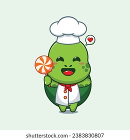 Vector de dibujos animados de tortugas de chef que sostiene caramelos. 
Dibujo vectorial Ilustración adecuada para afiches, folletos, web, mascota, pegatina, logotipo e icono.