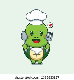 Chef turtle cartoon vector holding spoon and fork. 
Vector cartoon Illustration suitable for poster, brochure, web, mascot, sticker, logo and icon.