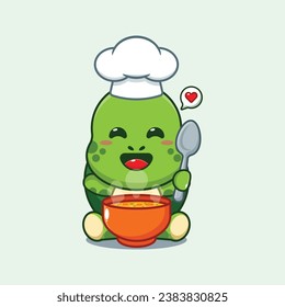 Chef turtle cartoon vector with soup. 
Vector cartoon Illustration suitable for poster, brochure, web, mascot, sticker, logo and icon.