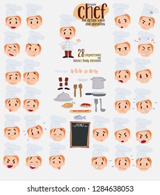 Chef. Twenty eight expressions and basics body elements, template for design work and animation. Vector illustration to Isolated and funny cartoon character.