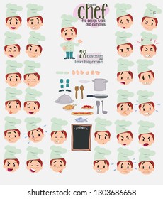 Chef. Twenty eight expressions and basics body elements, template for design work and animation. Vector illustration to Isolated and funny cartoon character.