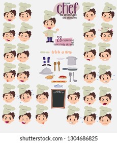Chef. Twenty eight expressions and basics body elements, template for design work and animation. Vector illustration to Isolated and funny cartoon character.