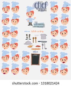 Chef. Twenty eight expressions and basics body elements, template for design work and animation. Vector illustration to Isolated and funny cartoon character.