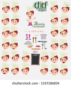 Chef. Twenty eight expressions and basics body elements, template for design work and animation. Vector illustration to Isolated and funny cartoon character.