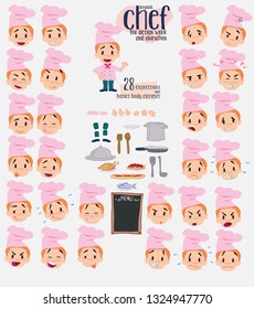 Chef. Twenty eight expressions and basics body elements, template for design work and animation. Vector illustration to Isolated and funny cartoon character.