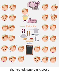 Chef. Twenty eight expressions and basics body elements, template for design work and animation. Vector illustration to Isolated and funny cartoon character.