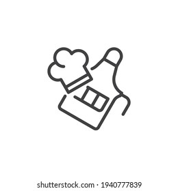 Uniforme de chef, icono de delantal y de la línea de sombrero. signo de estilo lineal para concepto móvil y diseño web. Icono de vector de contorno de sombrero y delantal. Símbolo, ilustración del logotipo. Gráficos vectoriales