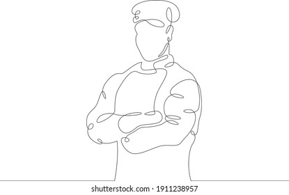 Chef In Uniform And Chefs Hat. Portrait Of A Male Chef Cook Character. One Continuous Drawing Line  Logo Single Hand Drawn Art Doodle Isolated Minimal Illustration.