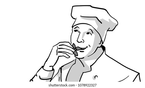 Chef in a uniform and a cook's cap tasting the leaves of the green, putting them in the mouth. Headshot. Black and white vector sketch. Simple drawing isolated on white.
