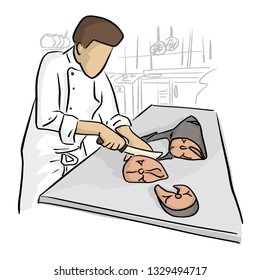 chef in uniform cutting fish on table in kitchen vector illustration with black lines isolated on white background.