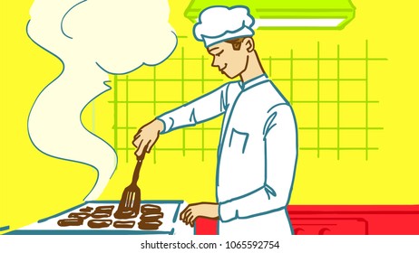 Chef in uniform frying the cutlets in the kitchen. Cooking. Cartoon colorful vector sketch. 