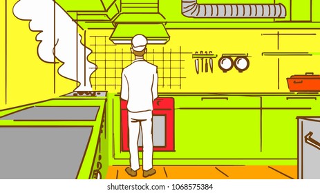 Chef in uniform frying the cutlets in the kitchen. Cooking. Cartoon colorful vector sketch.