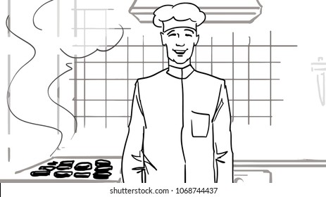 Chef in uniform frying the cutlets in the kitchen. Cooking. Black and white vector sketch. Simple drawing.