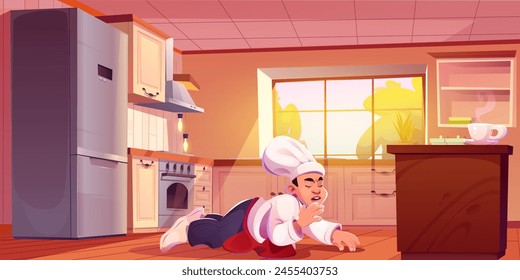 Chef in uniform and hat laying on floor of kitchen. Cartoon vector illustration of Asian man cooker feel bad or in danger. Restaurant professional male cook master fell down with pain face emotion.