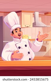 Chef in uniform and hat on kitchen. Cartoon vector illustration of Asian man cooker with welcome or demonstrate hand gesture. Restaurant professional male cook master. Funny comic culinary mascot.