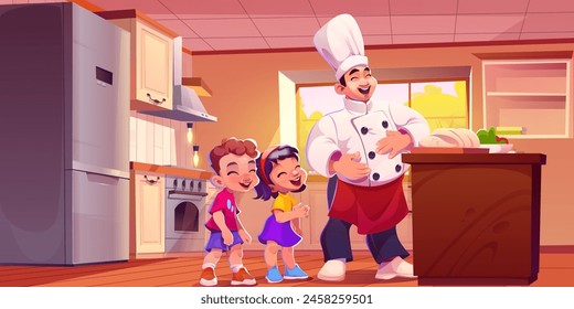 Chef in uniform and hat with two little kids laughing on kitchen. Cartoon vector illustration of Asian man cooker master and children boy and girl standing on restaurant professional cuisine.