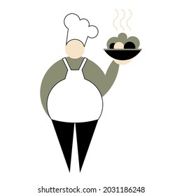 Chef in uniform and kitchen hat. Chief-cooker holds dish of delicious fresh food. Kitchener with white apron. Isolated professional cook for restaurants, cafes, bars, menus. Vector flat illustration