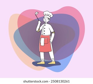 Chef in uniform with ladle flat vector illustration. Professional cook character. Occupation, job and work concept