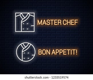 Chef uniform neon sign. Chefs jacket linear neon logo set on wall background