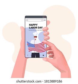 chef in uniform on smartphone screen holding USA flag happy labor day celebration concept worker wearing mask to prevent coronavirus pandemic portrait copy space vector illustration