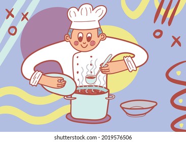 Un chef vestido de uniforme prepara una deliciosa sopa