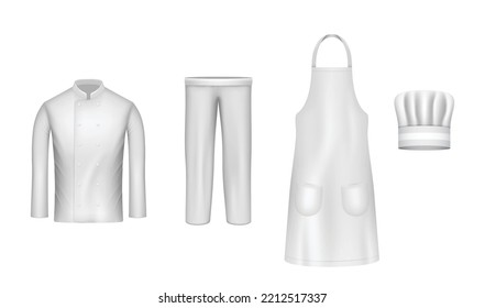 Chef uniform realistic. Culinary clothing white hat shirt apron pants icon set. Professional suit clothes for cooks jacket for work in restaurant kitchen or cafe. Vector illustration