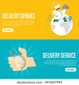 Chef in uniform with restaurant cloche on yellow background. Human hand points at stopwatch timer on blue background. Delivery service website templates, vector illustration. Express logistics