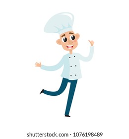 Chef in uniform in restaurant kitchen cooking. Vector illustration of cute cooks - professional master man isolated on white used for magazine, book, poster.