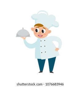 Chef in uniform in restaurant kitchen cooking. Vector illustration of cute cooks - professional master woman isolated on white used for magazine, book, poster.