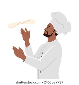 Chef in the uniform spinning pizza dough on the finger. Flat vector illustration isolated on white background