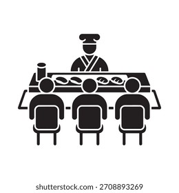 A chef in uniform stands behind a counter displaying sushi. Three seated figures face the counter, observing the demonstration.