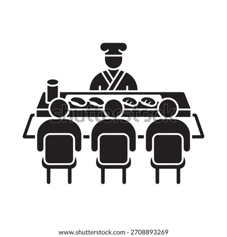 A chef in uniform stands behind a counter displaying sushi. Three seated figures face the counter, observing the demonstration.