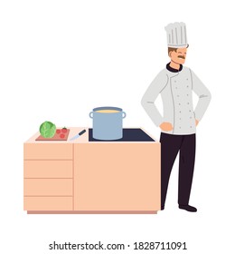 chef in uniform and working stove vector illustration design