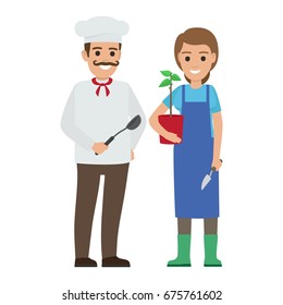 Chef in uniform and young gardener in protective apron vector illustration. Cook holds dark kitchen spoon, grower with plant and garden shovel.