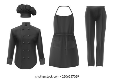 Chef uniforms. Culinary clothing black hat tunic apron pants with a nameplate icon set vector illustration. Professional suit clothes for cooks jackets and pants decent vector realistic uniform for