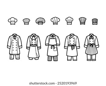 Chef uniforms and hats line art collection, black and white hand drawn outfits with details, clean and minimal line art style, vector illustration.