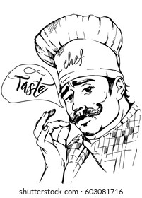 Chef in uniform.Vector illustration of chef with mustache and hands.