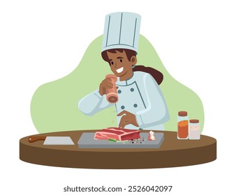 um chef usando ervas finas para temperar um bife, condimentos. Ilustração de vetor plano.