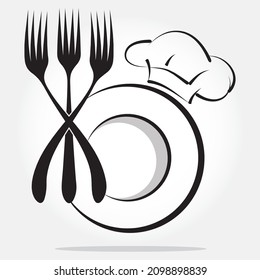 Chef and utensils vector illustration, Line art of cook hat, Forks and plats logo elements art