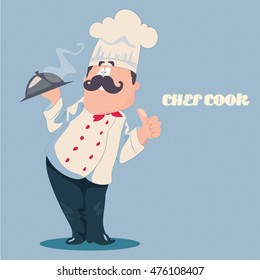 Chef vector cartoon character with a mustache in a white uniform holding a cooked hot dish