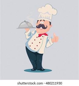 Chef vector cartoon character with a mustache in a white uniform holding a cooked hot dish