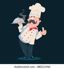 Chef vector cartoon character with a mustache in a white uniform holding a cooked hot dish