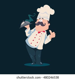 Chef vector cartoon character with a mustache in a white uniform holding a cooked hot dish