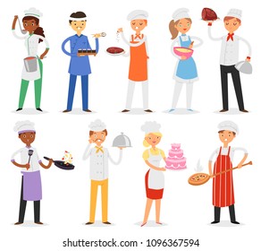 Chef vector cook character woman or man cooking food dish on kitchen of restaurant illustration set of professional cooker or baker people in uniform isolated on white background