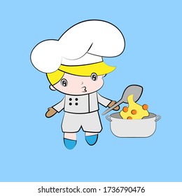 chef vector illustration of cute chibi character isolated for kids learn jobs. Background, t-shirt, card and sticker profession
