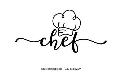 Chef-Vektorlogo. Design für Plakate, Flyer, Banner, Menürestaurant. Handgezeichneter Kalligrafie-Zitat-Text. Typografie-Chef's Hut Logo Symbol. Das Wort des Chefkochs mit Unterschrift.