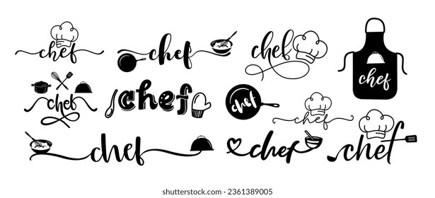 Chef-Vektorlogo-Set. Design für Plakate, Flyer, Banner, Menürestaurant. Handgezeichneter Kalligrafie-Zitat-Text. Typografie-Chef's Hut Logo Symbol. Das Wort des Chefkochs mit Unterschrift.