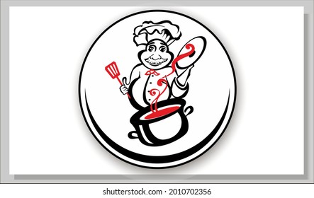 Chef vectorial.Cocine con una cacerola y una cuchara. Una cara amable de un hombre con una sonrisa. 