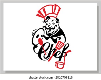 Chef vector.Cook with a saucepan and a spoon. A kind face of a man with a smile.
