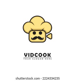 Chef video logo template design vector. chef and video combination. simple flat vector design. suitable for dining content, restaurants, food video business, etc.
